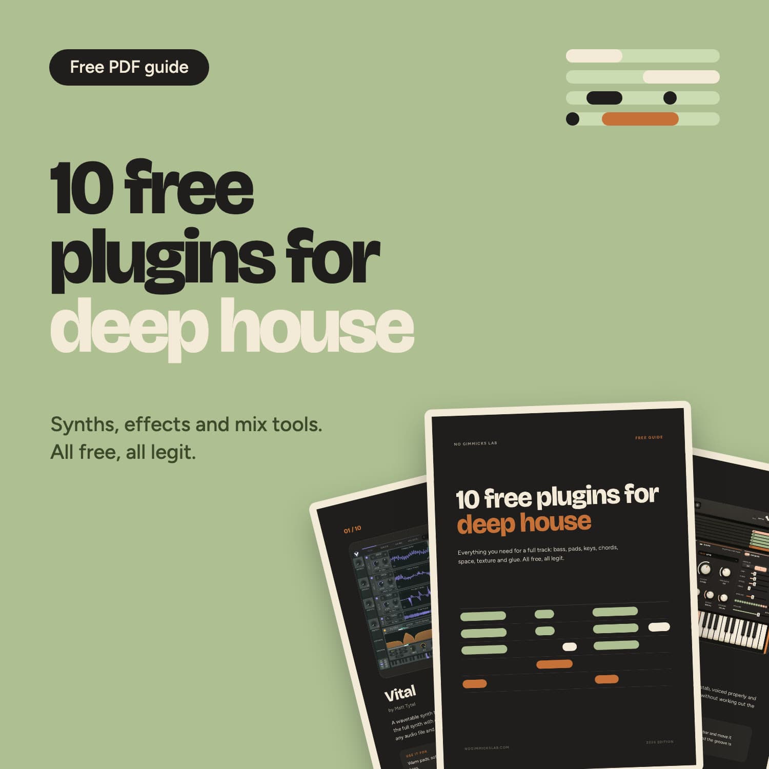 10 free plugins for deep house: the PDF guide by No Gimmicks Lab, cover and two inside pages