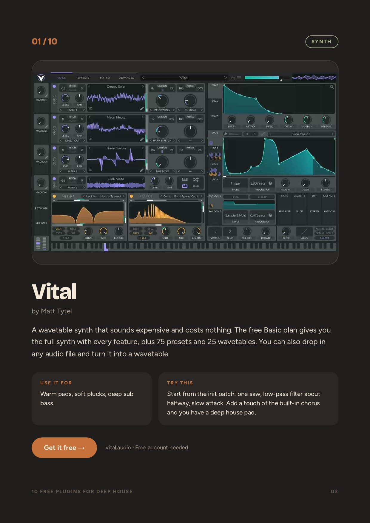 A page from the guide: a plugin screenshot, what to use it for, a quick tip and the download link